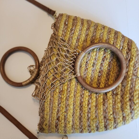 Woven Stripe Crossbody Bag With Drawstring Lining & Top Handle - Picture 13 of 14